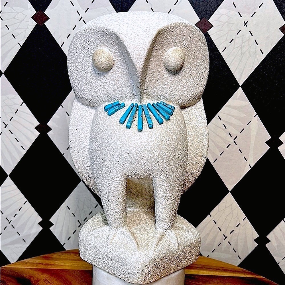 Large Textured Owl Sculpture Turquoise‎ Necklace Southwestern Boho Desert Decor